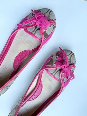 Coach Janelle Ballet Flats Brown Canvas Pink Leather Lace-Up Bow 7.5